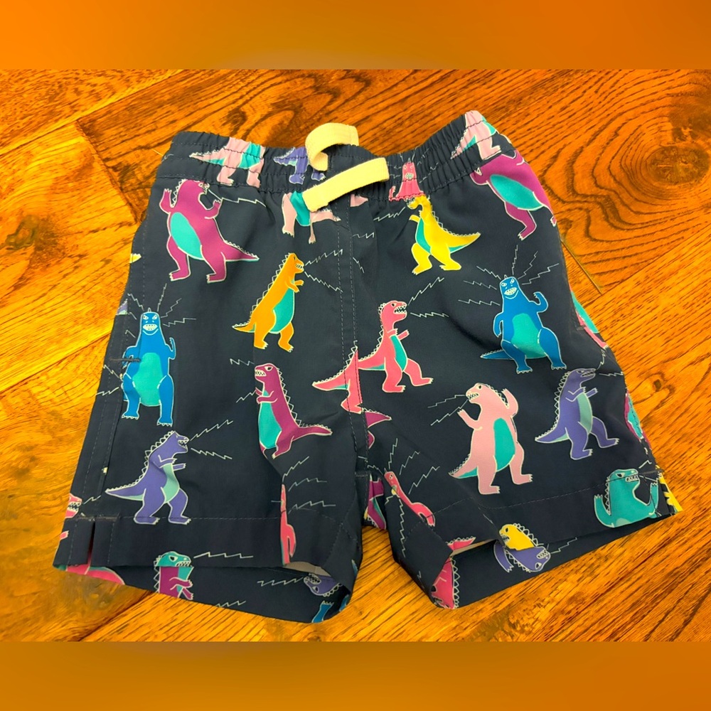 chubbies Kids Navy Swim Trunks with Colorful Dinosaur Print
